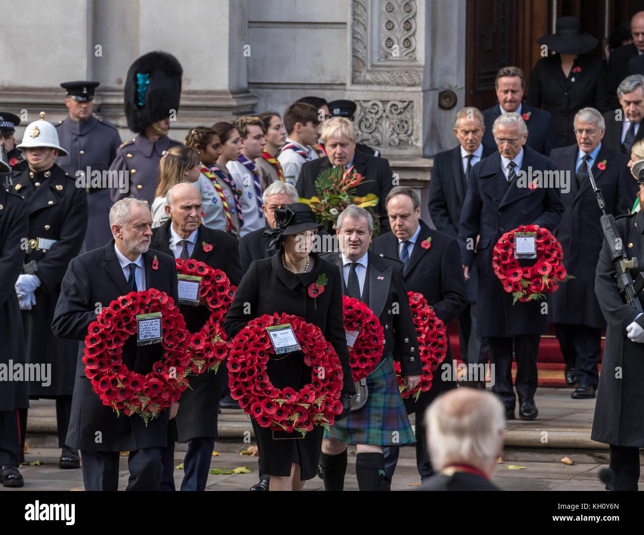 London, 12th November 2017 The Prime Minister and the Leader of the Oppostion at the national  Service of Remembrance at the Cenotaph, Whitehall, London. Stock Photo