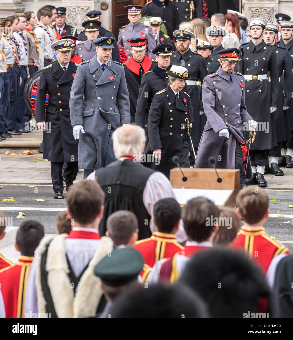 London, 12th November 2017 HRH The Princess Roayl (center ) beside HRH The Duke of Kent at the national  Service of Remembrance at the Cenotaph, Whitehall, London. Stock Photo