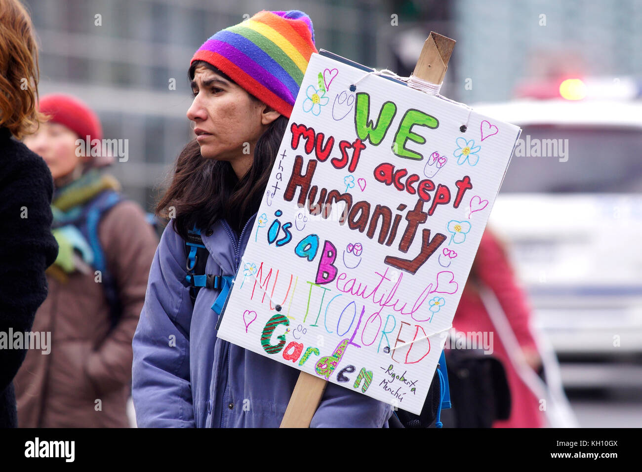 Montreal, Canada. 12th Nov, 2017. Woman participating in a protest march against racism.Credit:Mario Beauregard/Alamy Live News Stock Photo
