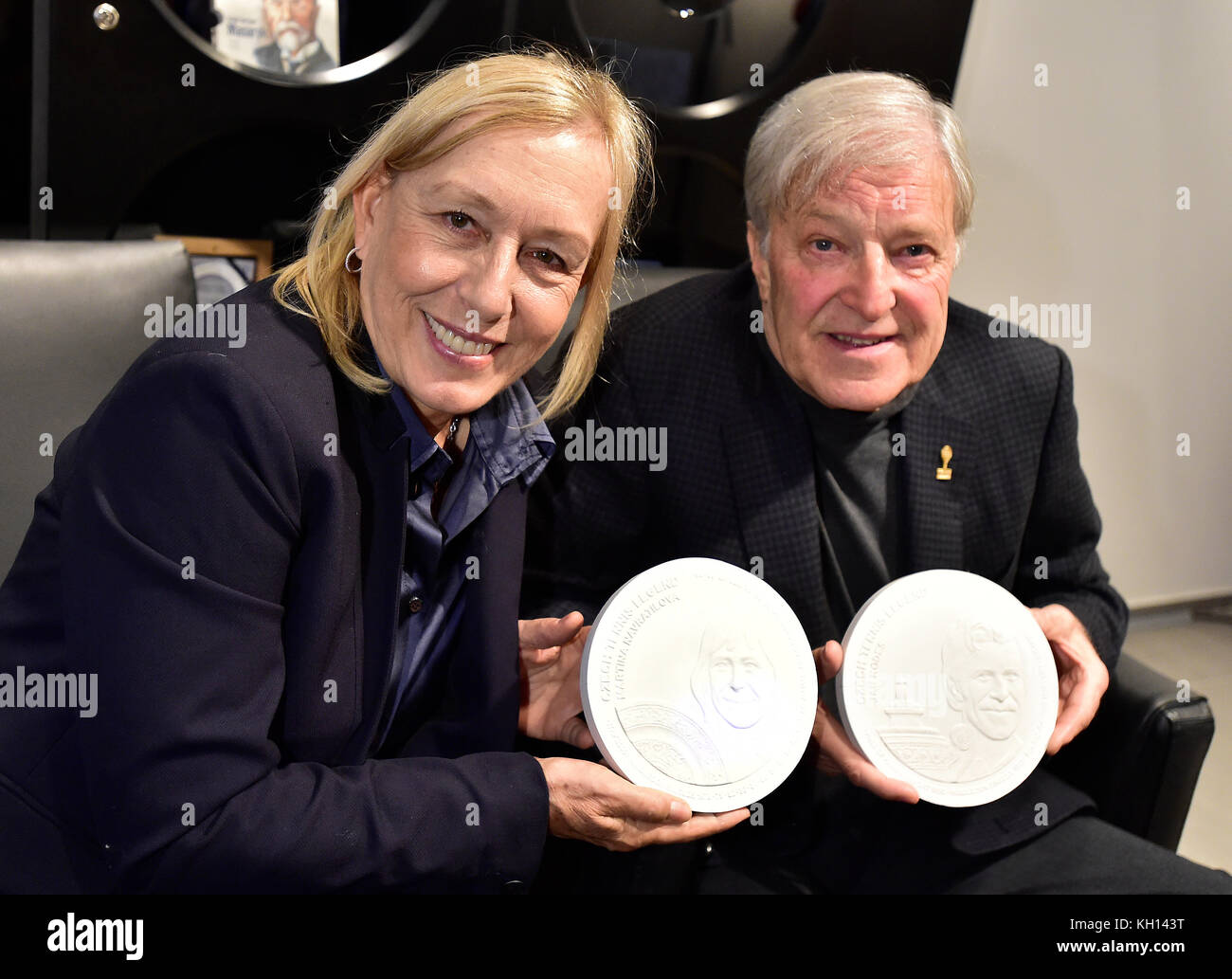 Czech Wimbledon winners Martina Navratilova, left, and Jan Kodes are the first tennis champions to appear on commemorative coins whose gypsum models the Ceska mincovna (Czech Mint) unveiled today, on Monday, November 13, 2017. The mint itself will take place in Jablonec nad Nisou, north Bohemia, in early 2018'. One can perhaps dream of being on a postage stamp, but being on a coin is truly special,' Navratilova said. Navratilova, a U.S. citizen, is a nine-time Wimbledon winner (in 1978-1990). She defected from the Communist Czechoslovakia to the USA in 1975. Kodes won the Wimbledon tournament Stock Photo