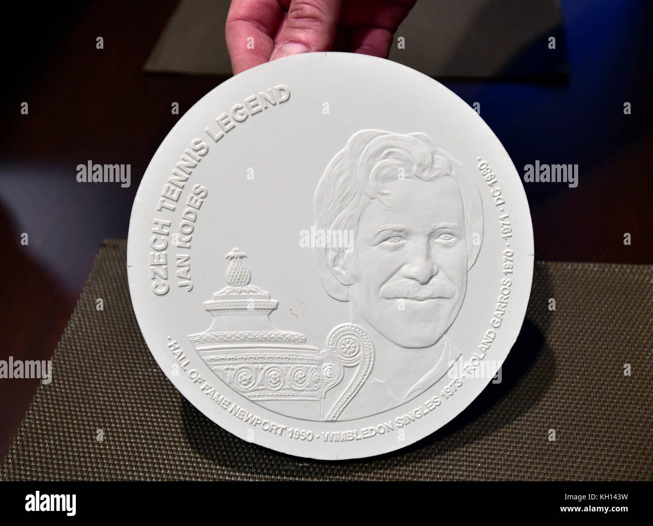 Czech Wimbledon winners Martina Navratilova and Jan Kodes are the first tennis champions to appear on commemorative coins whose gypsum models (on the photo Jan Kodes) the Ceska mincovna (Czech Mint) unveiled today, on Monday, November 13, 2017. The mint itself will take place in Jablonec nad Nisou, north Bohemia, in early 2018'. One can perhaps dream of being on a postage stamp, but being on a coin is truly special,' Navratilova said. Navratilova, a U.S. citizen, is a nine-time Wimbledon winner (in 1978-1990). She defected from the Communist Czechoslovakia to the USA in 1975. Kodes won the Wim Stock Photo