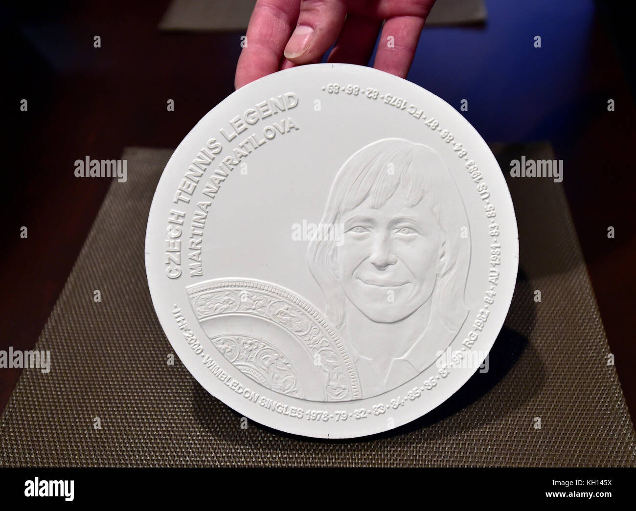 Czech Wimbledon winners Martina Navratilova and Jan Kodes are the first tennis champions to appear on commemorative coins whose gypsum models (on the photo Martina Navratilova) the Ceska mincovna (Czech Mint) unveiled today, on Monday, November 13, 2017. The mint itself will take place in Jablonec nad Nisou, north Bohemia, in early 2018'. One can perhaps dream of being on a postage stamp, but being on a coin is truly special,' Navratilova said. Navratilova, a U.S. citizen, is a nine-time Wimbledon winner (in 1978-1990). She defected from the Communist Czechoslovakia to the USA in 1975. Kodes w Stock Photo