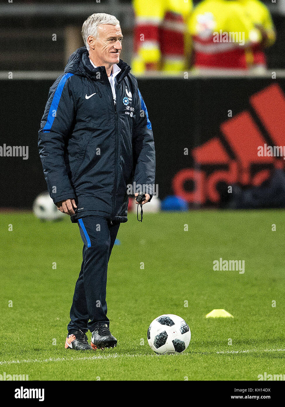 Cologne, Germany. 13th Nov, 2017. Coach of the French national soccer team,  Didier Deschamps standing beside a football during the final training of  the French national soccer team at the Suedstadion stadium
