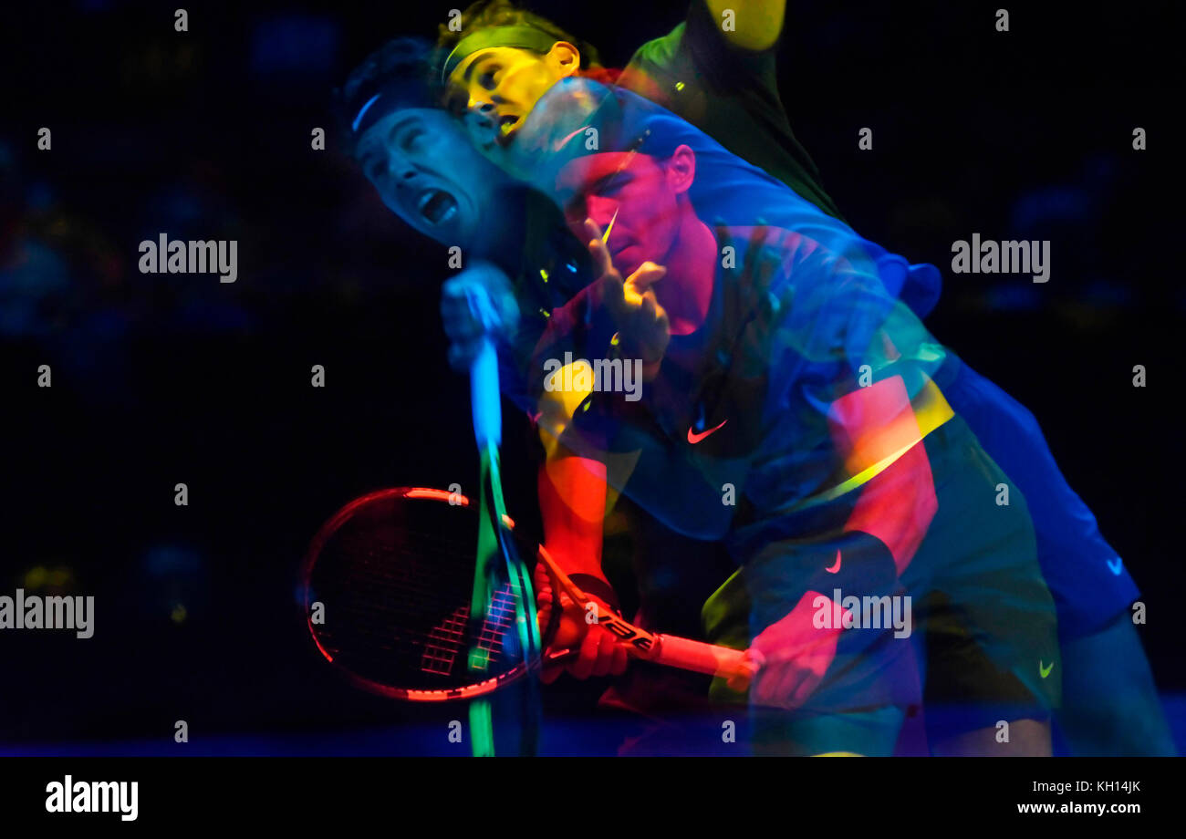 ATP World Tour Finals at O2 Arena London, UK. 13th Nov, 2017. Rafael Nadal ESP v David Goffin BEL Nadal Goffin in action during the qualifying match for the quarter finals. Nadal images shot as special multiple exposures in camera Credit: Leo Mason sports photos/Alamy Live News Stock Photo