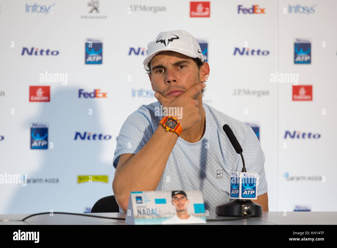 London, UK. 13th Nov, 2017. Rafael 'Rafa' NADAL (Spain) announces his retirement from this years ATP London through injury in a post match press interview during the NITTO ATP World Tour Finals match between RAFAEL NADAL and David Goffin at the O2, London, England on 13 November 2017. Photo by Andy Rowland. Credit: Andrew Rowland/Alamy Live News Stock Photo