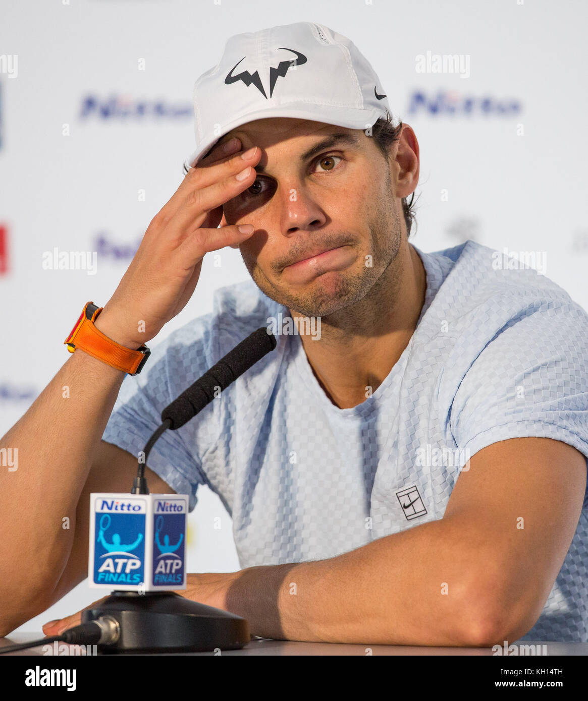 London, UK. 13th Nov, 2017. Rafael 'Rafa' NADAL (Spain) announces his retirement from this years ATP London through injury in a post match press interview during the NITTO ATP World Tour Finals match between RAFAEL NADAL and David Goffin at the O2, London, England on 13 November 2017. Photo by Andy Rowland. Credit: Andrew Rowland/Alamy Live News Stock Photo