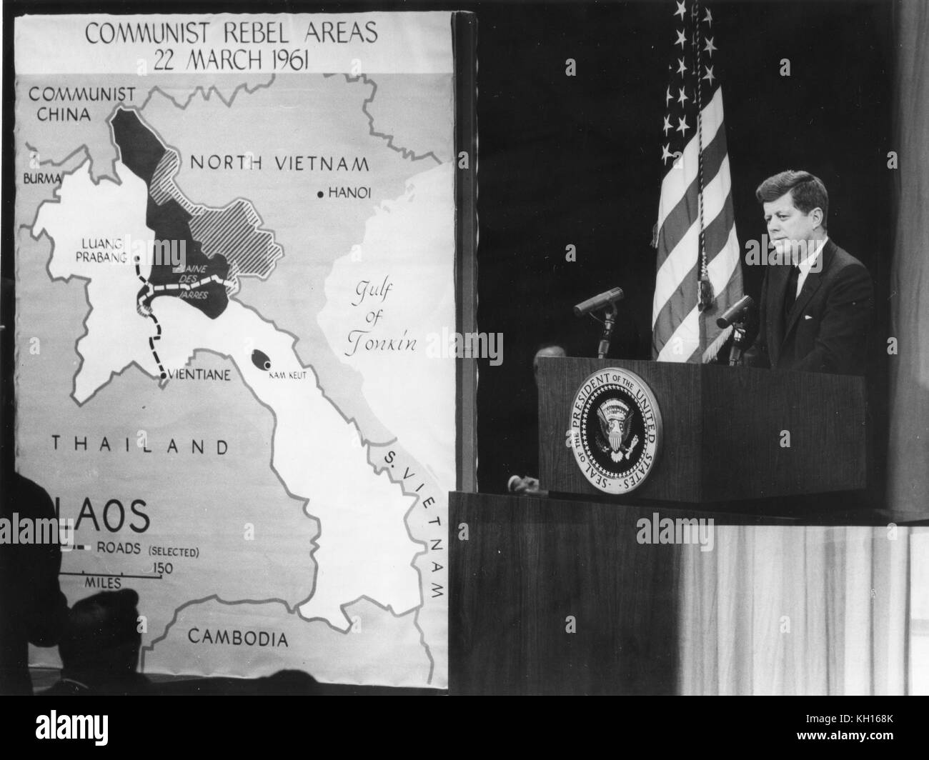 President John F. Kennedy speaks about the situation in Vietnam during a press conference, Washington, DC, March 23, 1961. Photo by Abbie Rowe. Stock Photo