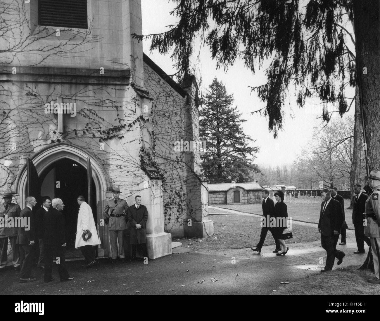 President and Mrs John F Kennedy approach St James Episcopal Church for the funeral of former First Lady Eleanor Roosevelt, Hyde Park, NY, November 10, 1962. Photo by Abbie Rowe Stock Photo