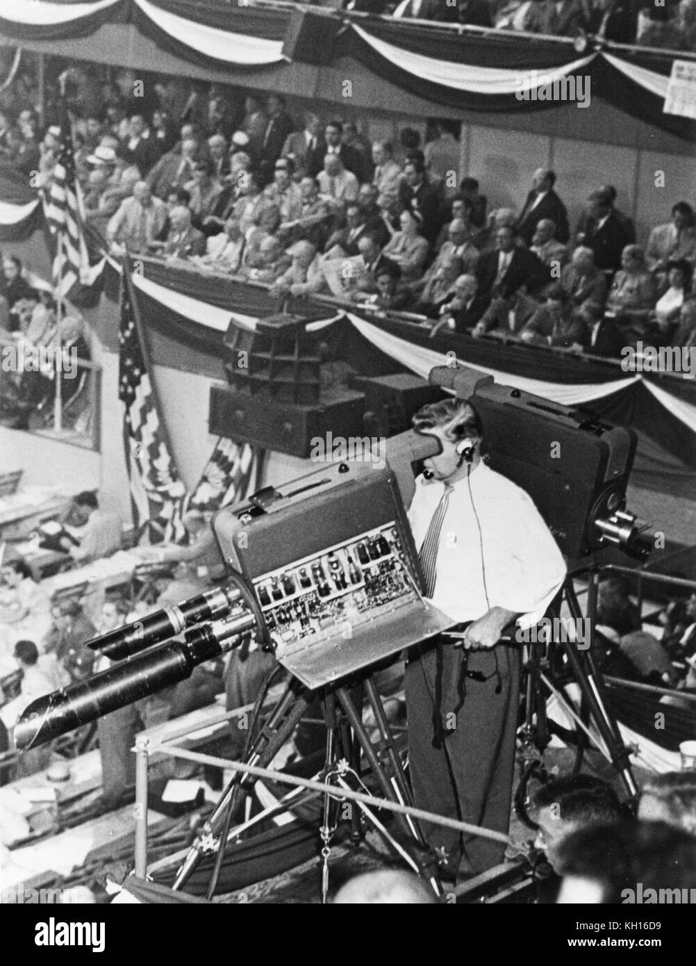 Seventy-seven television cameras covered working delegates at the 1952 Democratic National Convention held at the International Amphitheatre, Chicago, IL, 07/1952. Stock Photo