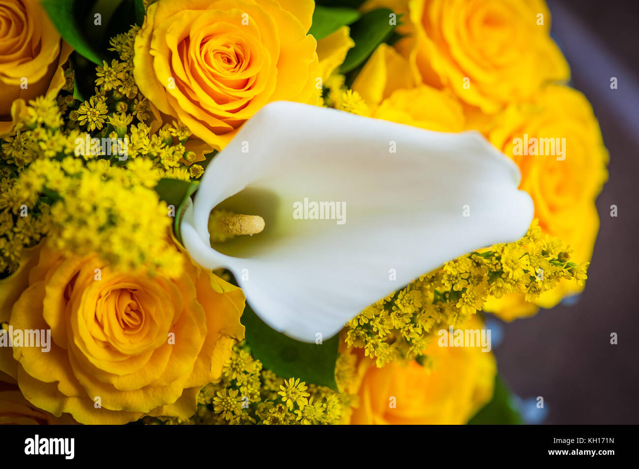 Close up of a beautiful yellow rose and white lily bridal flower arrangement Stock Photo