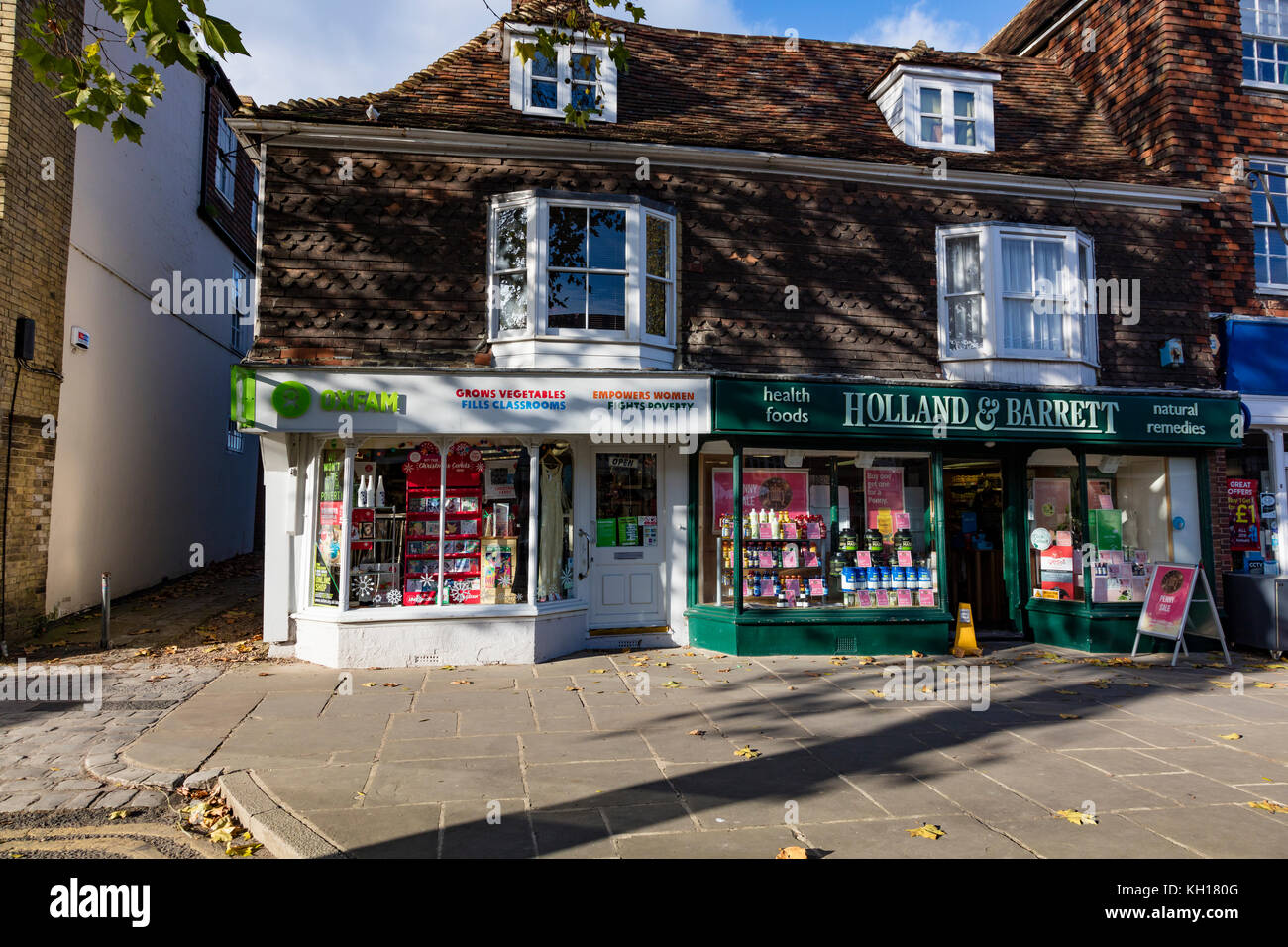 Traditional old shops on Tenterden High Street, now an Oxfam Charity