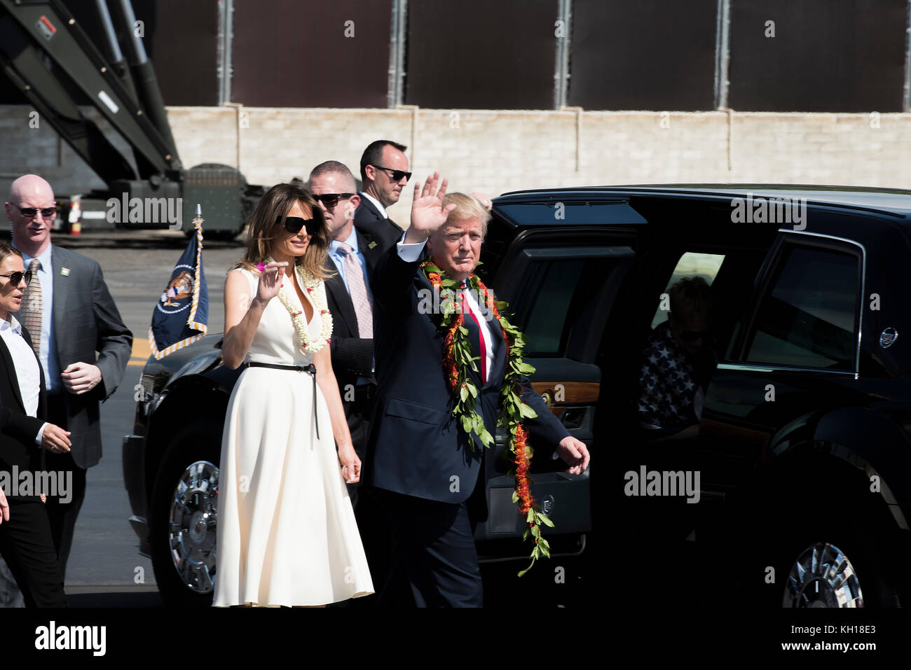 U.S. First Lady Melania Trump (left) and U.S. President Donald Trump arrive at the Joint Base Pearl Harbor-Hickam November 3, 2017 in Pearl Harbor, Hawaii.   (photo by Corwin Colbert via Planetpix) Stock Photo