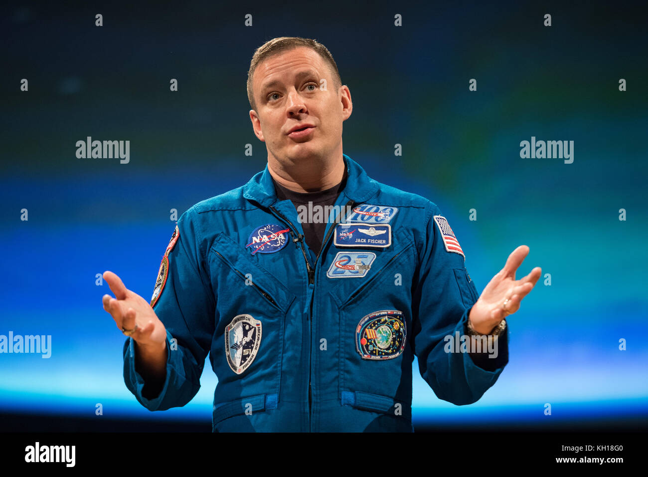 NASA Expedition 51 and Expedition 52 prime crew astronaut Jack Fischer speaks about his time onboard the International Space Station at the Smithsonian National Air and Space Museum November 3, 2017 in Washington, DC.   (photo by Aubrey Gemignani via Planetpix) Stock Photo