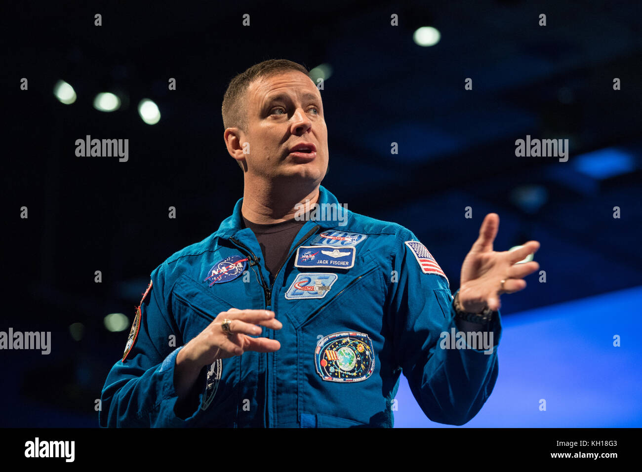 NASA Expedition 51 and Expedition 52 prime crew astronaut Jack Fischer speaks about his time onboard the International Space Station at the Smithsonian National Air and Space Museum November 3, 2017 in Washington, DC.   (photo by Aubrey Gemignani via Planetpix) Stock Photo