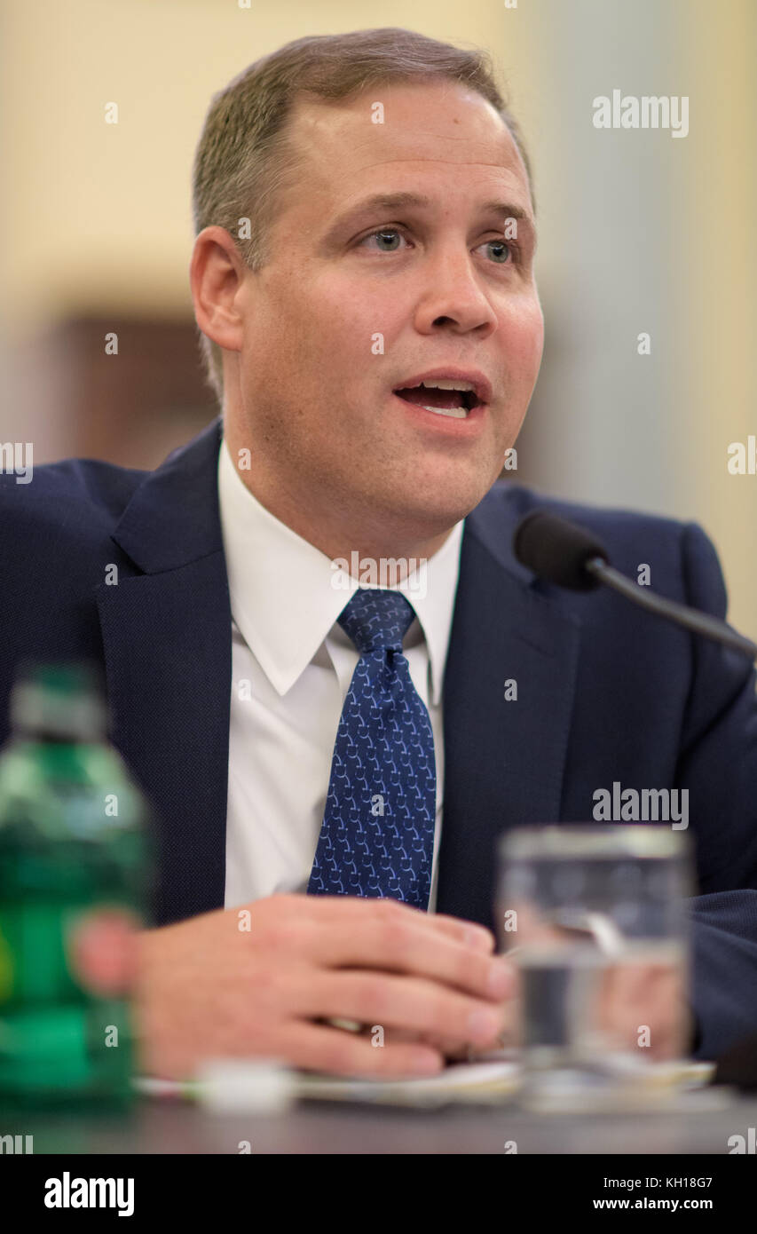 U.S. Oklahoma Representative James Bridenstine testifies before the Senate Committee on Commerce, Science, and Transportation during his nomination hearing for NASA Administrator at the Russell Senate Office Building November 1, 2017 in Washington, DC.   (photo by Joel Kowsky via Planetpix) Stock Photo