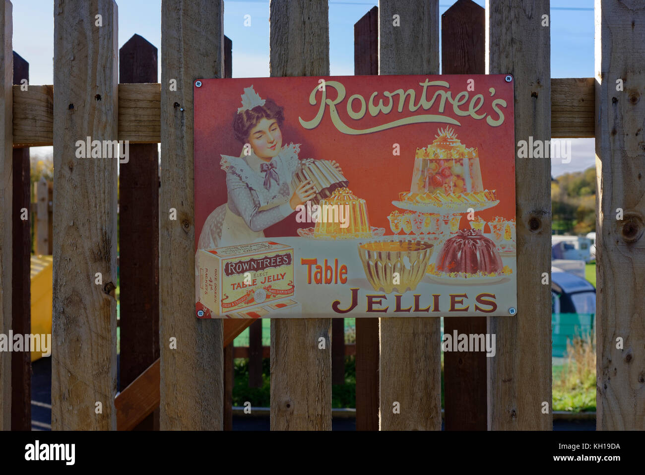 Vintage metal advertising sign,Rowntree's table jellies sign on wooden
