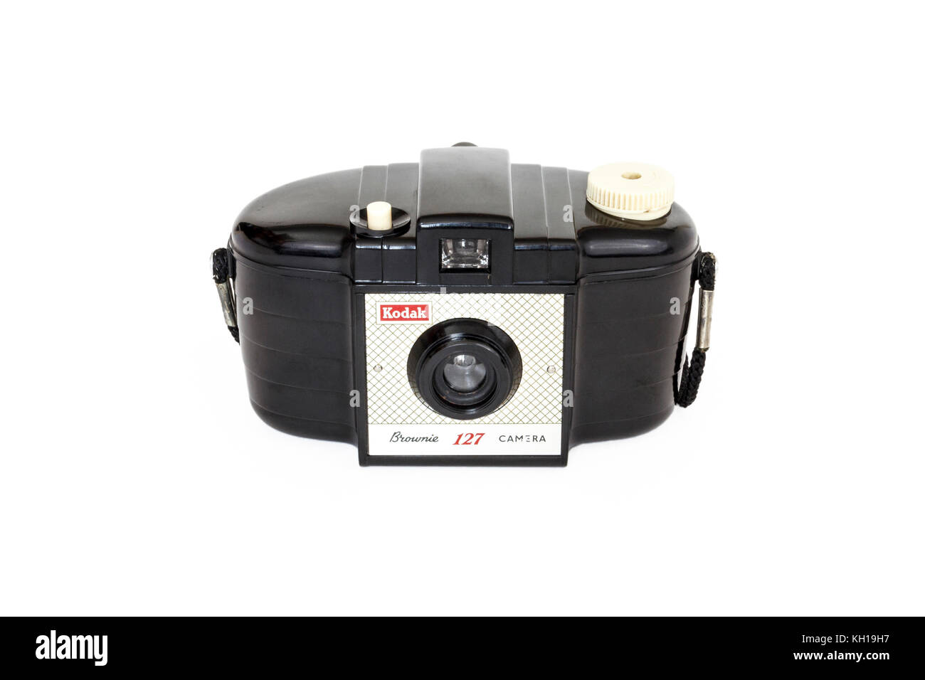 Classic 1950s Kodak Brownie 127 roll film camera, isolated against a white background Stock Photo