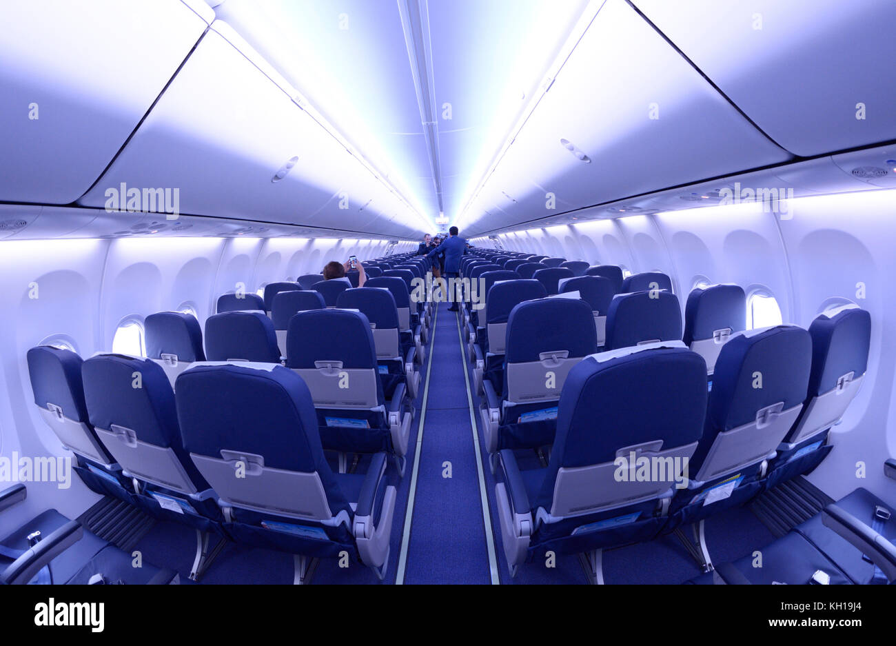 Passenger compartment of an aircraft Boeing 737-400. Boryispil airport administration’s demonstration for mass-media newly purchased Boeing 737-400. Stock Photo