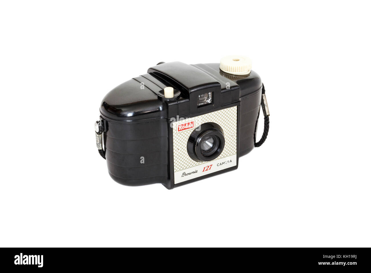 Classic 1950s Kodak Brownie 127 roll film camera, isolated against a white background Stock Photo