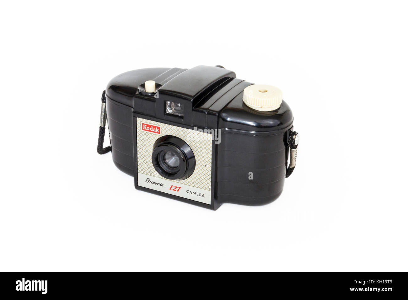 Classic 1950s Kodak Brownie 127 roll film camera, isolated against a white background Stock Photo