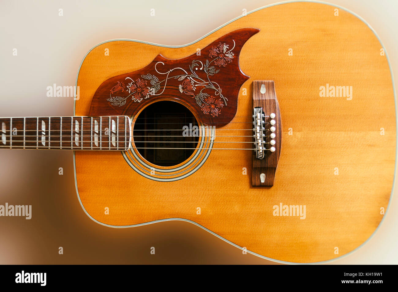 Close-up of a 1970s Yamaha FG-300 acoustic guitar Stock Photo