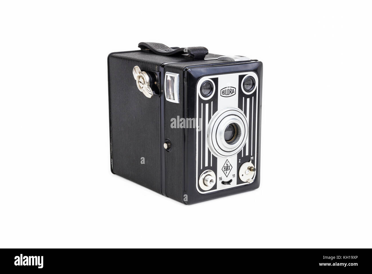 Bilora Blitz 120 roll film box camera, manufactured by Kurbi & Niggeloh, Germany, 1950s, isolated against a white background Stock Photo