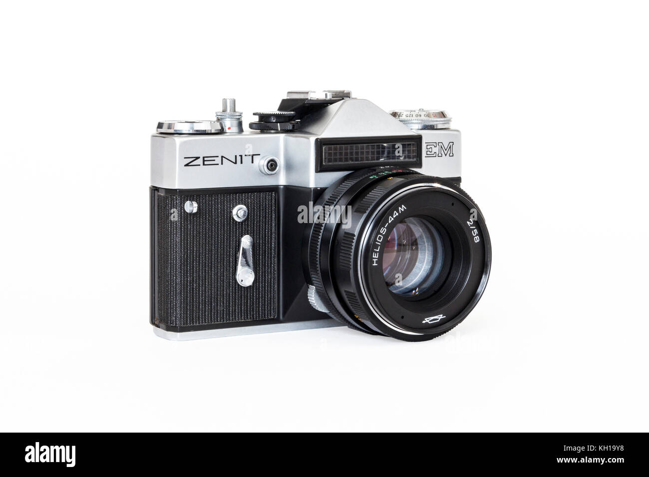 Zenit EM 35mm SLR 35mm roll film camera with 50mm lens, 1980s, made in USSR, isolated against a white background Stock Photo