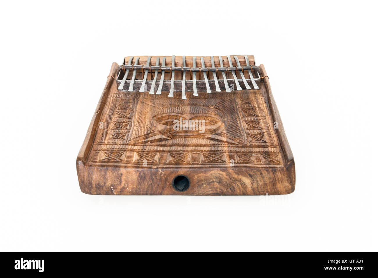 Traditional mbira, an African musical instrument consisting of a wooden sounding board and metal pronged keys, from Zimbabwe Stock Photo
