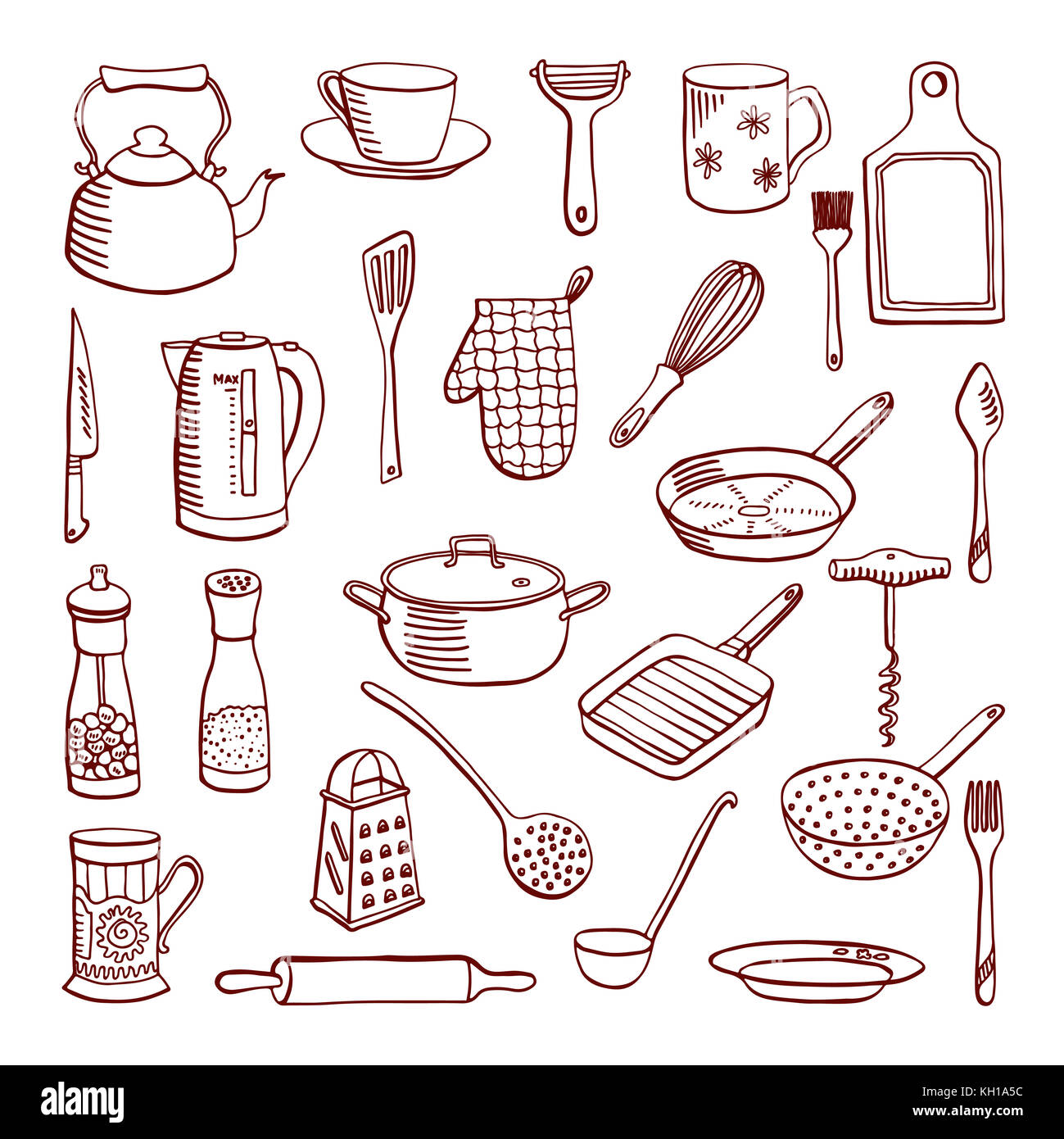 Cooking tools. Collection of kitchen utensils: knives, graters and peelers.  Hand drawn outlined style collection Stock Vector Image & Art - Alamy