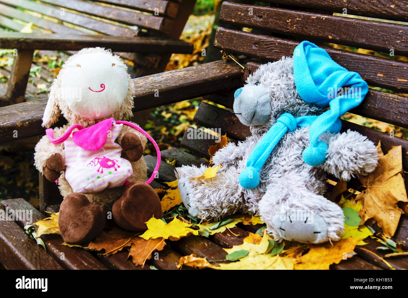 two toy-bear on a bench in the park Stock Photo - Alamy