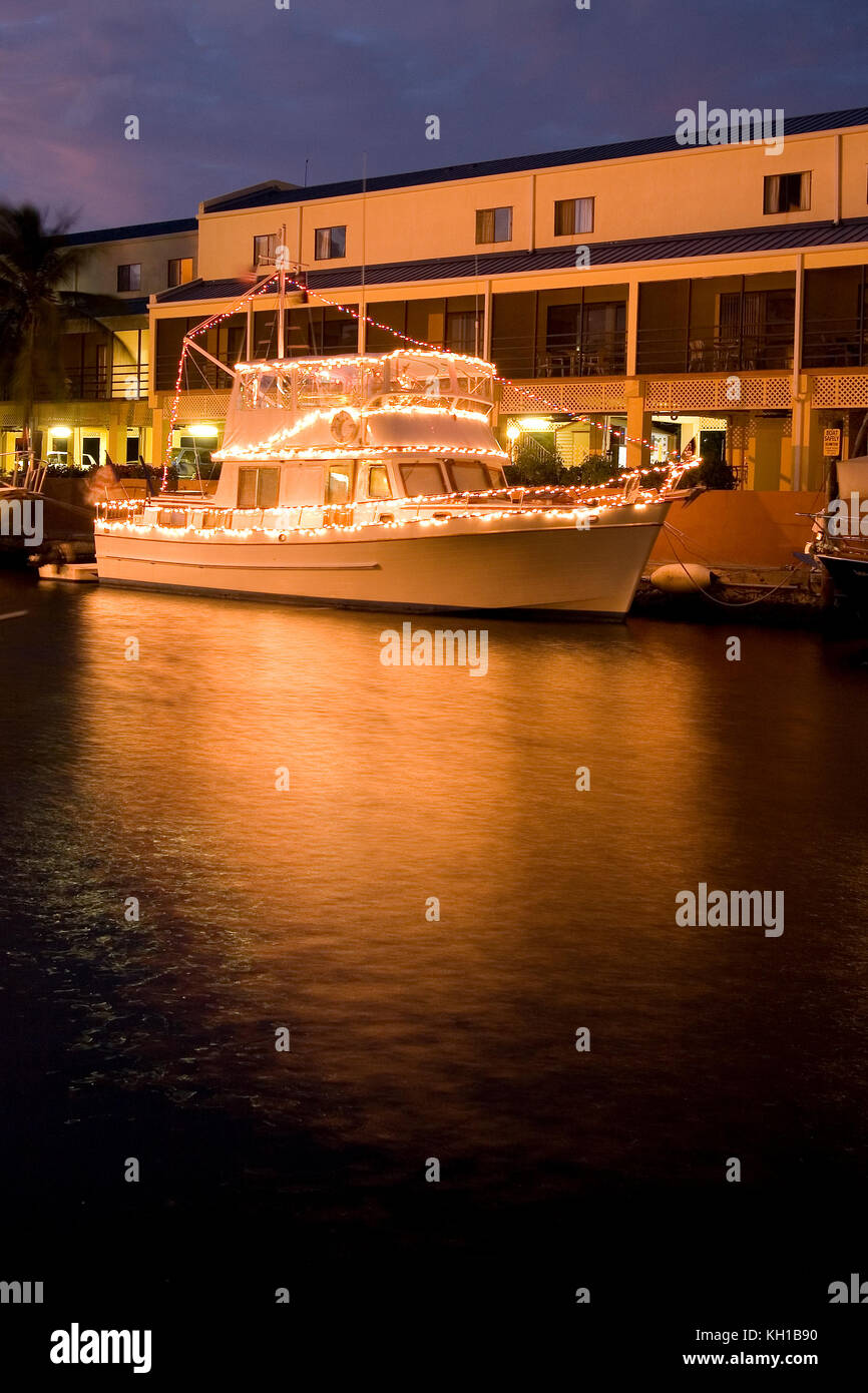 Boat decorated in Christmas Lights, Key Largo, Florida Keys Stock Photo