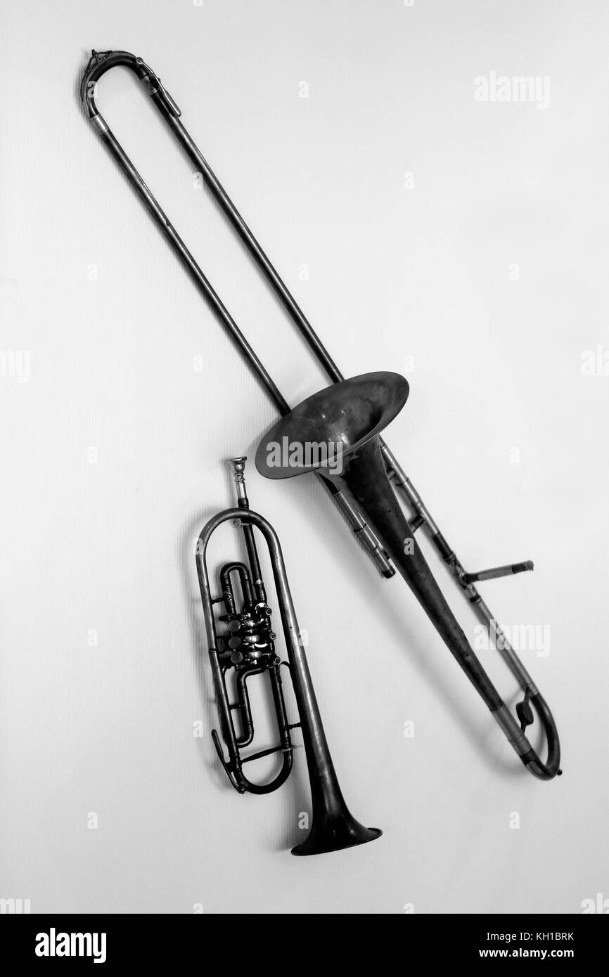 Beautiful brass instruments on the wall photographed in closeup Stock Photo Alamy