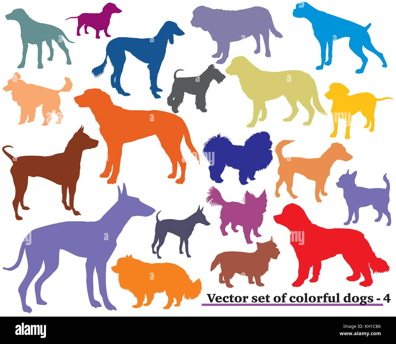 Vector set of colorful isolated different breeds dogs silhouettes on ...