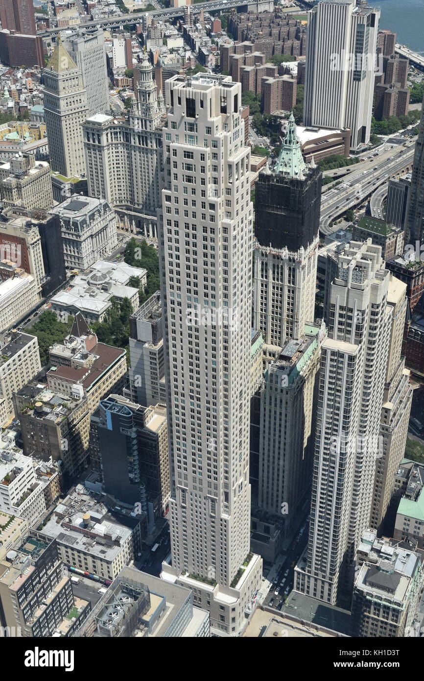 Looking down towards 30 Park Place, The Woolworth Building and the Barclay Tower, taken from the One World Trade Center, New York City Stock Photo