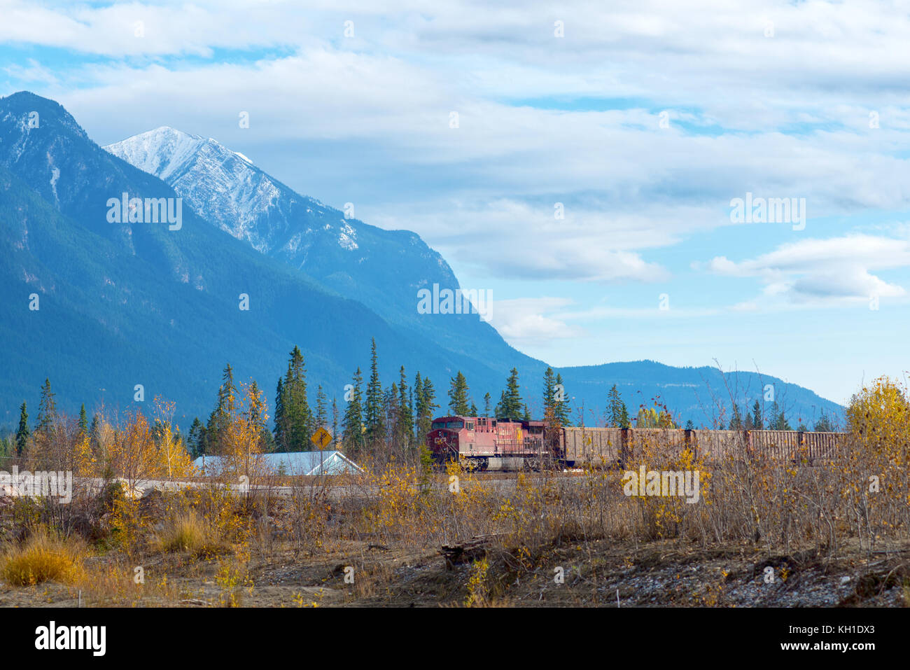 Golden, BC, CANADA OCT 23, 2017 Train passing by the town of Golden