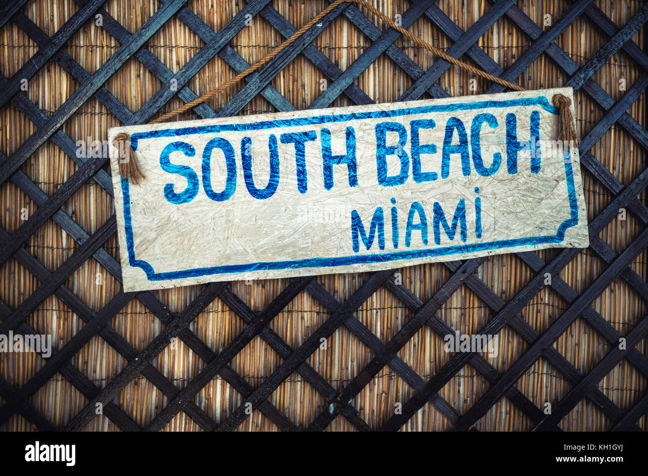 Closeup of Miami sign on the beach Stock Photo