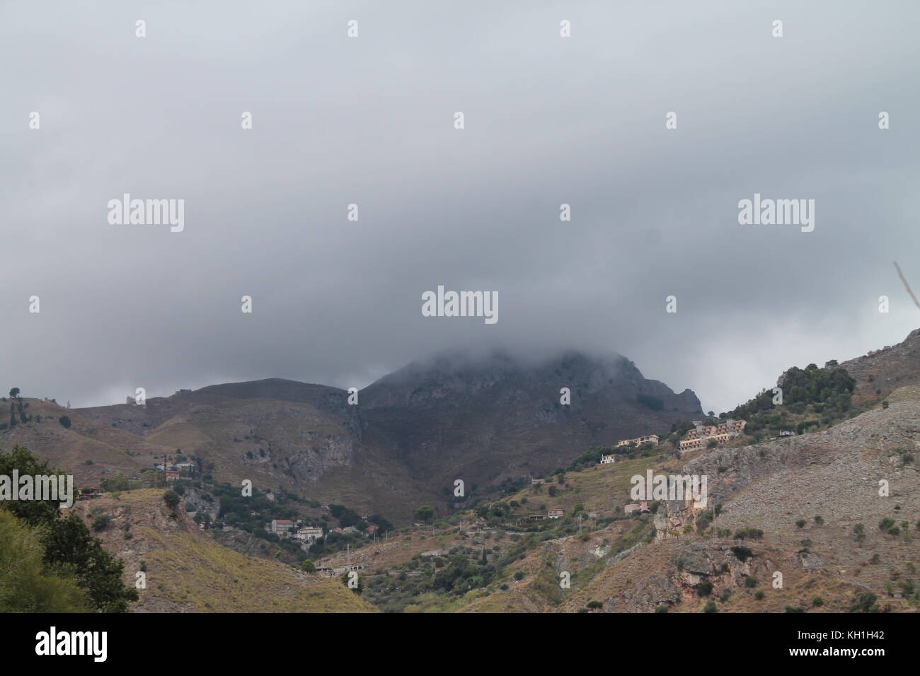 volcano, nature, smoke, mountain, sky, sicily, Etna Mount Etna stratovolcano trees Catania Messina south italy Ionian sea eruption high tourist border Stock Photo