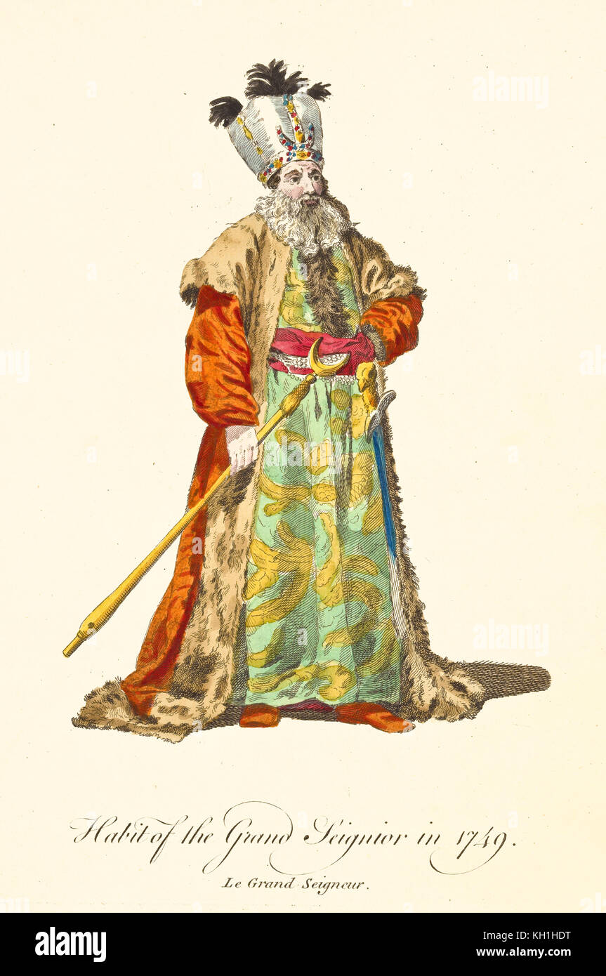 Turkish emperor holding a gold scepter in 1749. Long fur coat, tunic rich of gold decoration, turban and beard. By J.M. Vien, 1757-1772 Stock Photo