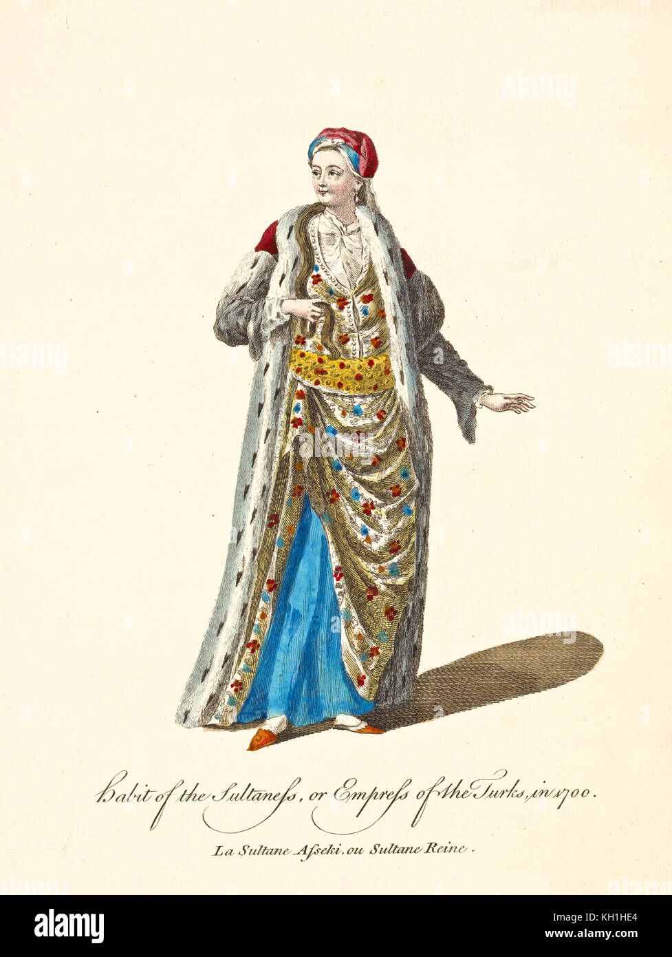 Turkish queen in traditional dresses in 1700. Long fur coat, tunic rich of decoration, head scarf. Art by J.M. Vien, T. Jefferys, London, 1757-1772 Stock Photo
