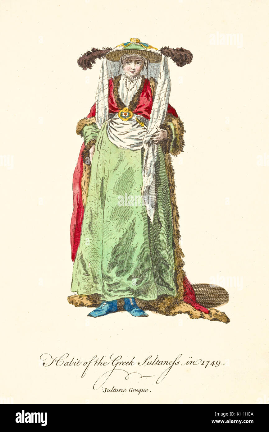 Greek queen in traditional dresses in 1749. Long coat, green tunic, bonnet  with scarfs and feathers. Art by J.M. Vien, T. Jefferys, London, 1757-1772  Stock Photo - Alamy