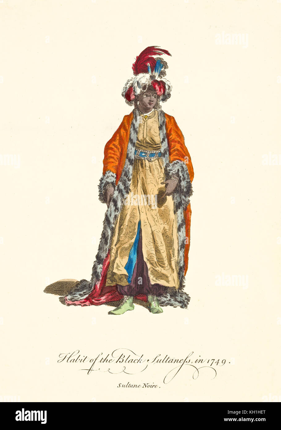 Black Sultaness in traditional dresses in 1749. Orange cloak, gold tunic,  turban with feathers. Old art by J.M. Vien, T. Jefferys, London, 1757-1772  Stock Photo - Alamy