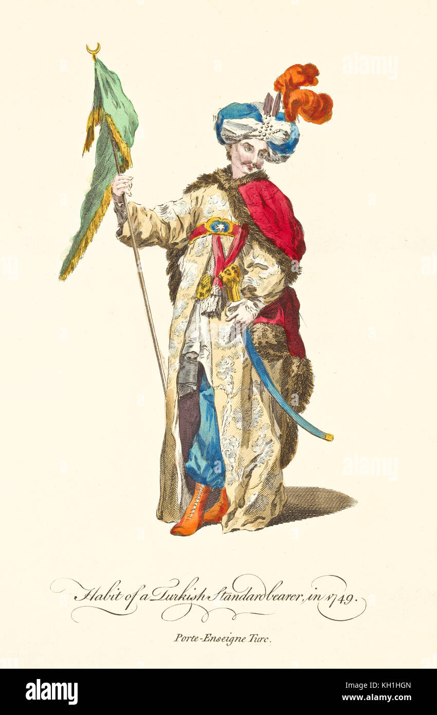 Turkish standard-bearer in traditional dresses in 1749. Long tunic, turban with orange feathers and flag. Old illustration by J.M. Vien, 1757-1772 Stock Photo