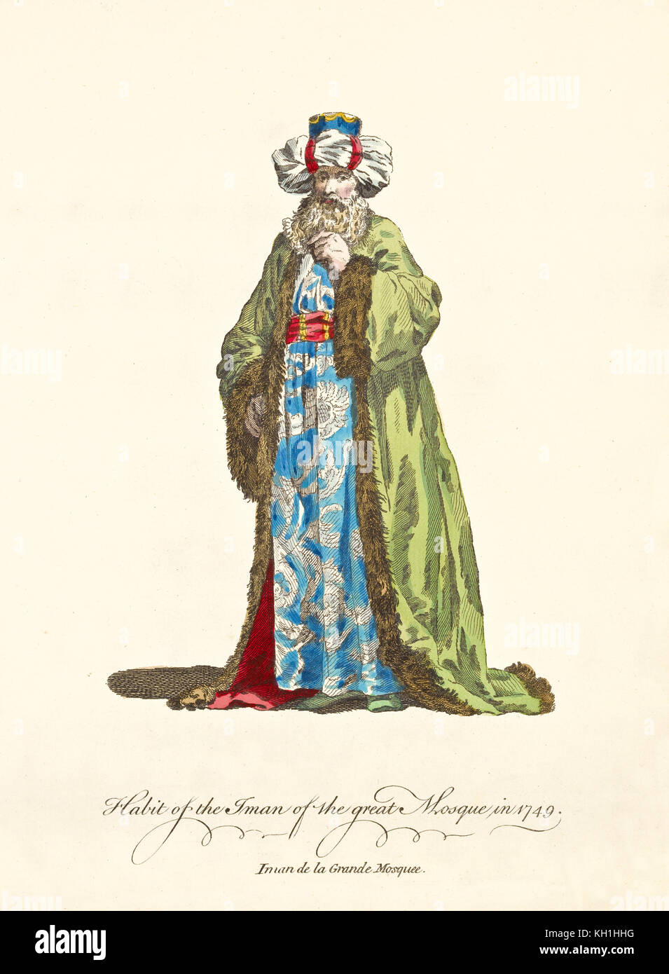 Imam of the Great Mosque in traditional dresses in 1749. Long green fur coat, blue tunic with white decorations, turban, beard. 1757-1772 Stock Photo
