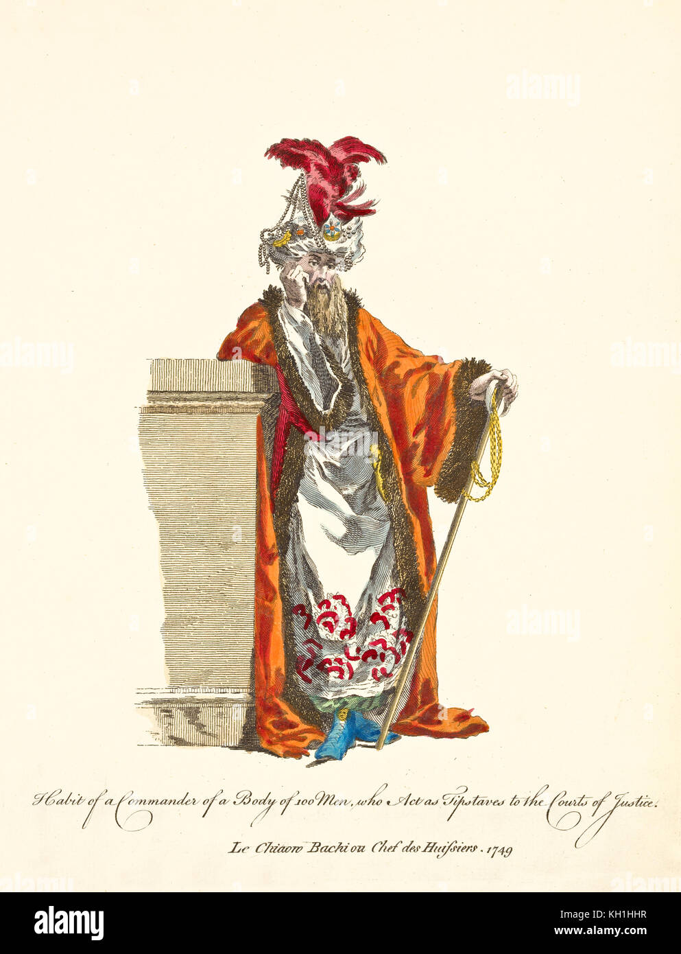 Turkish Tipstaff of the Court of Justice in traditional dresses in 1749. Rich clothes, jewlers, turban with red feathers, long stick. author 1757-1772 Stock Photo
