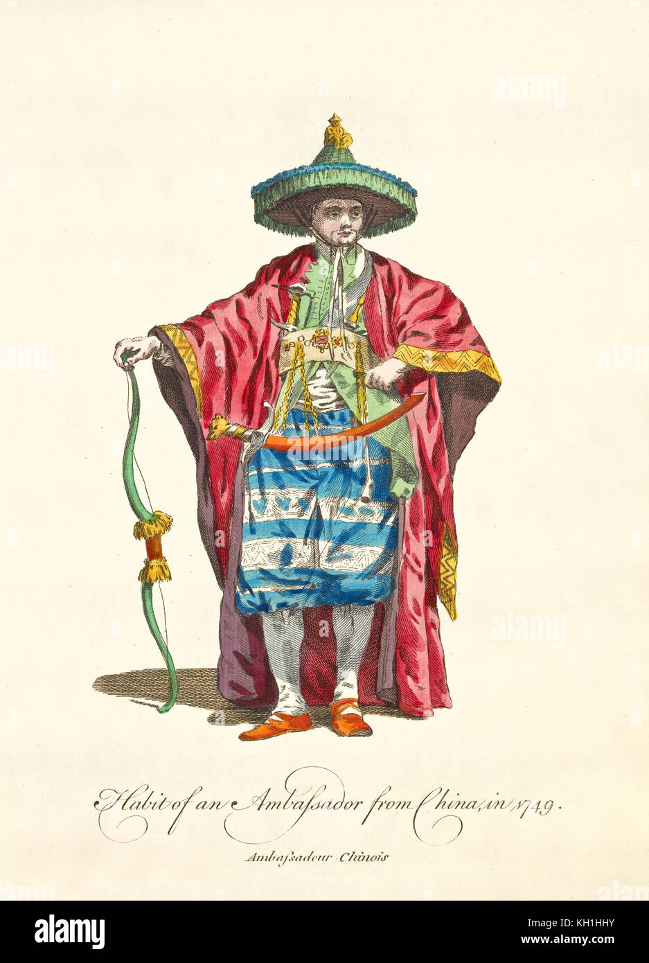 Traditional clothes of chinese ambassador in 1749. Long red mantle, sword and bow, green cone hat, jewlers. Old illustration by J.M. Vien, 1757-1772 Stock Photo