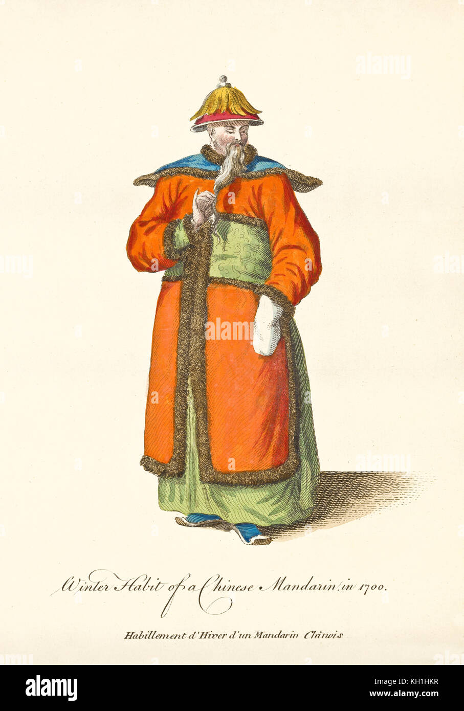 Chinese Mandarin in traditional winter dresses in 1700. Long fur clothes. Old illustration by J.M. Vien, publ. T. Jefferys, London, 1757-1772 Stock Photo