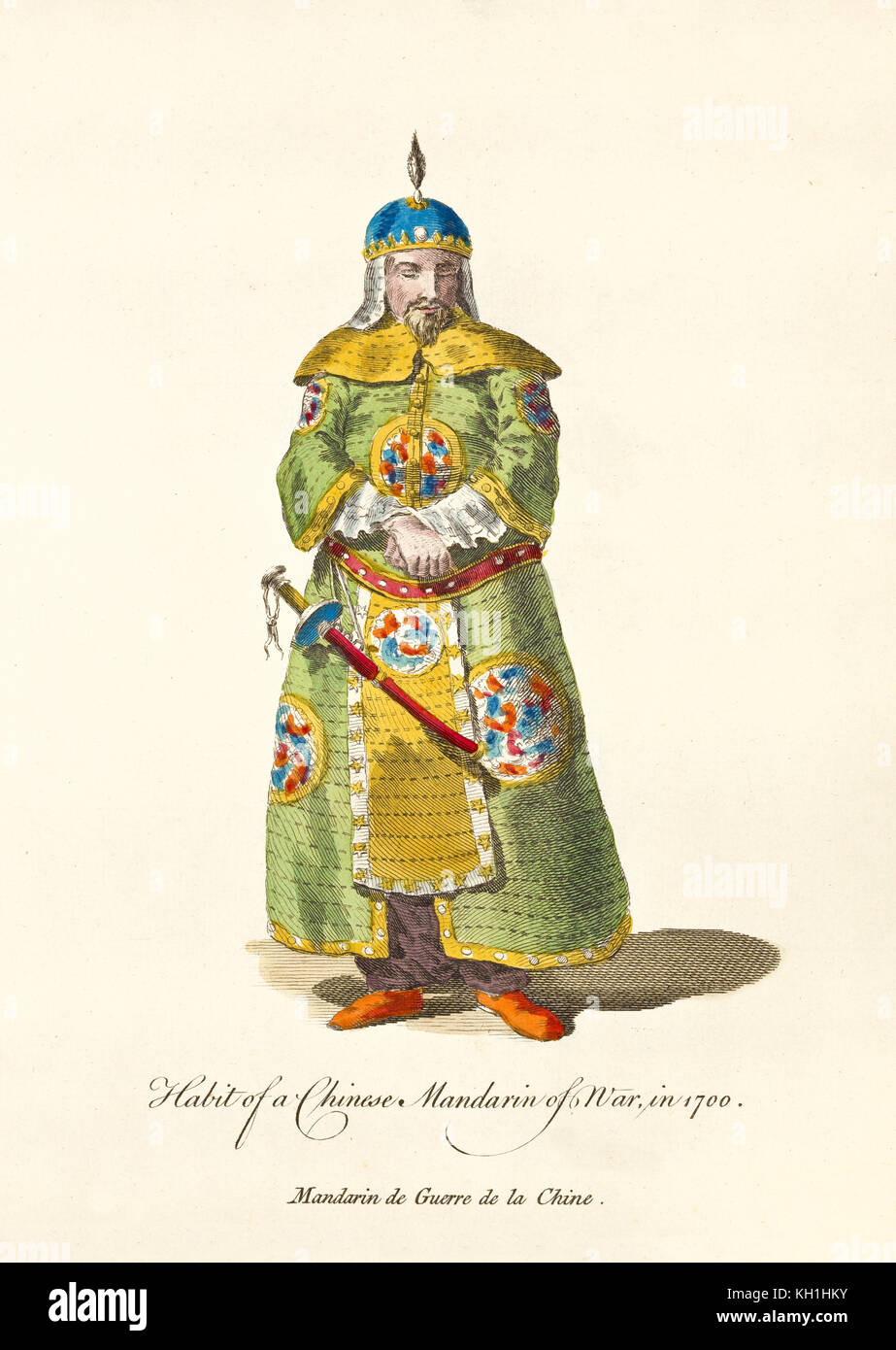 Chinese Mandarin in traditional war dresses in 1700. Long gold decorated uniform and helm. Old illustration by J.M. Vien, publ. 1757-1772 Stock Photo