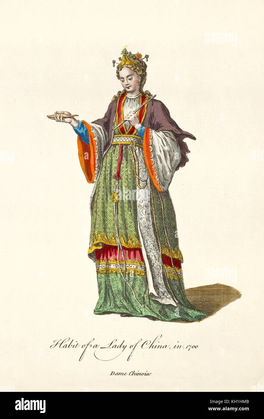 Chinese Lady in traditional dresses in 1700. Long colorful dress richly decorated. Old illustration by J.M. Vien, publ. T. Jefferys, London, 1757-1772 Stock Photo