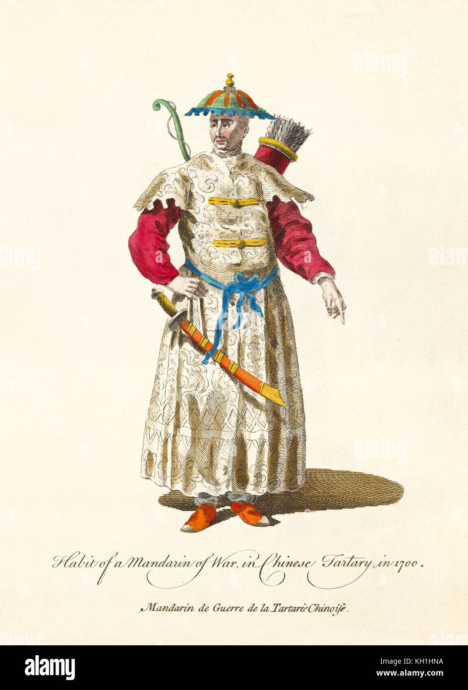 Chinese Tartarian Mandarin in traditional war dresses in 1700. Traditional long uniform with sword, bow and arrows. By J.M. Vien, 1757-1772 Stock Photo