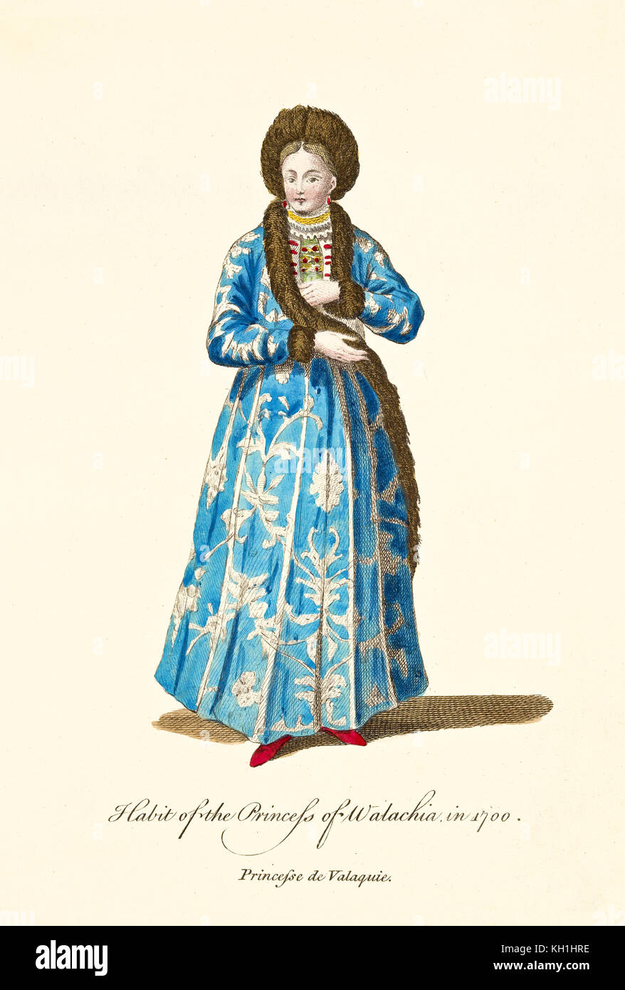 Princess of Wallachia in traditional long blue dresses in 1700. Old illustration by J.M. Vien, publ. T. Jefferys, London, 1757-1772 Stock Photo